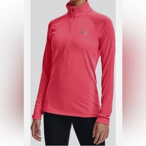 Under Armour Womens Pink Tech 1/2-Zip Logo Heatgear Pullover Top